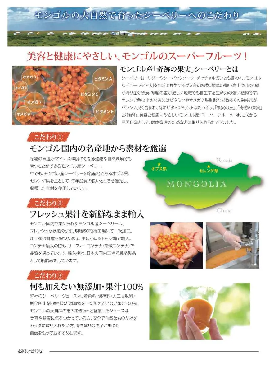 サジージュース モンゴル産シーベリージュース もぎたて果実をぎゅっと凝縮　果汁100％ジュース　ストレート　900ml_説明2